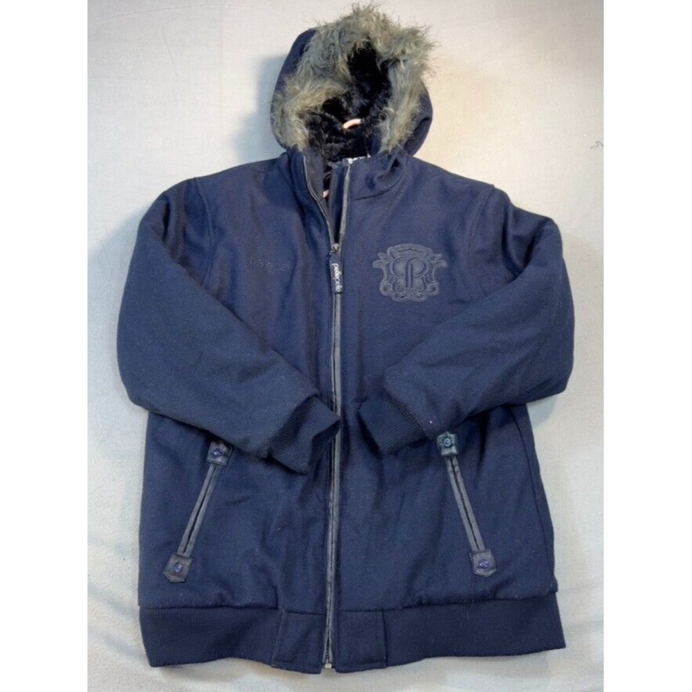 Vintage Pelle Pelle Wool Poly Jacket XL Blue Parka Fur Trimmed Hood Embroidered